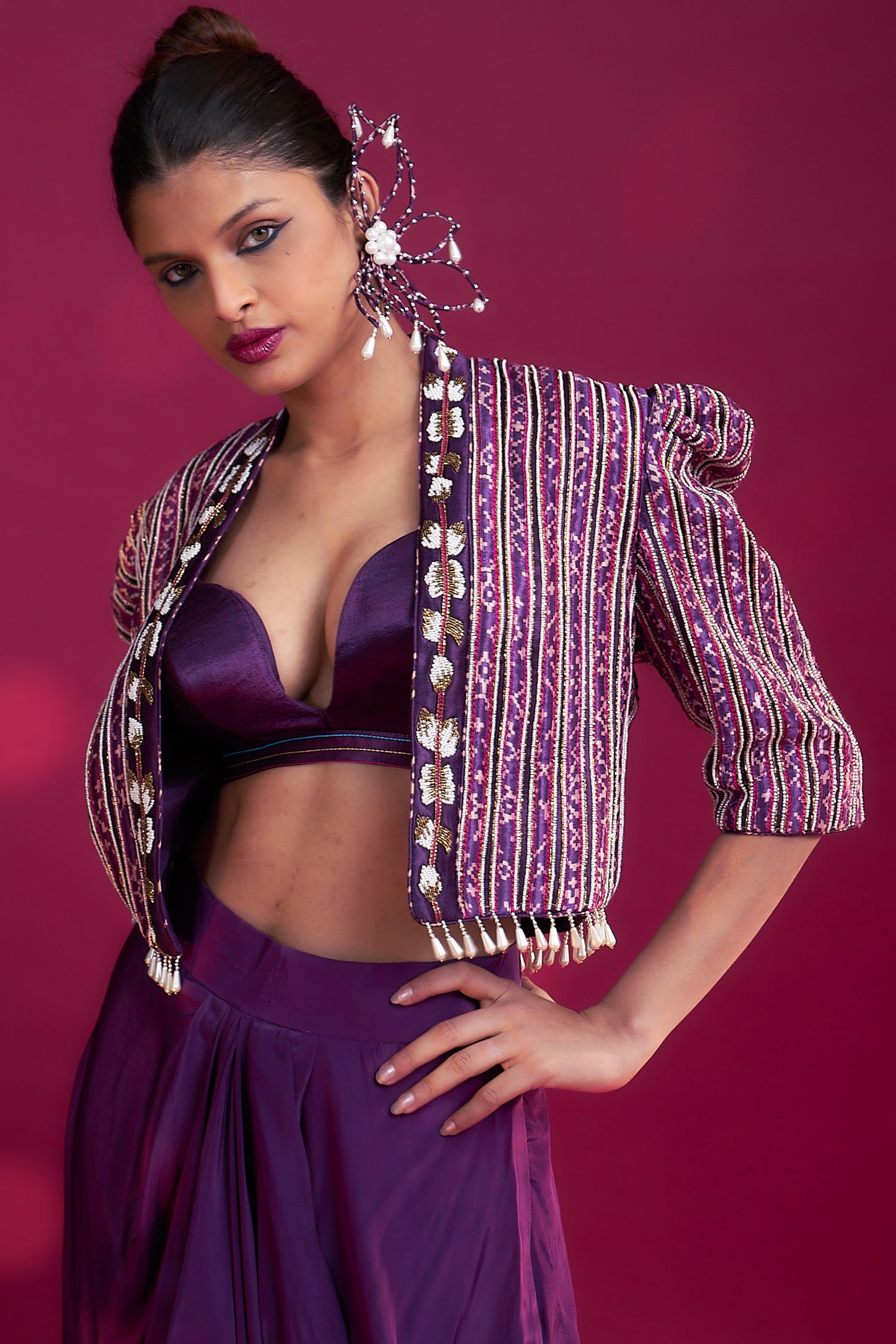 Dark purple Ajrakh embroidered jacket with bralette and dhoti skirt