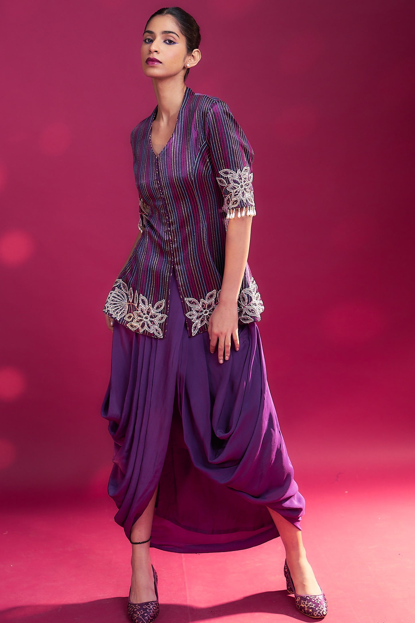 Dark purple ajrakh patchworked peplum jacket with drape dhoti skirt