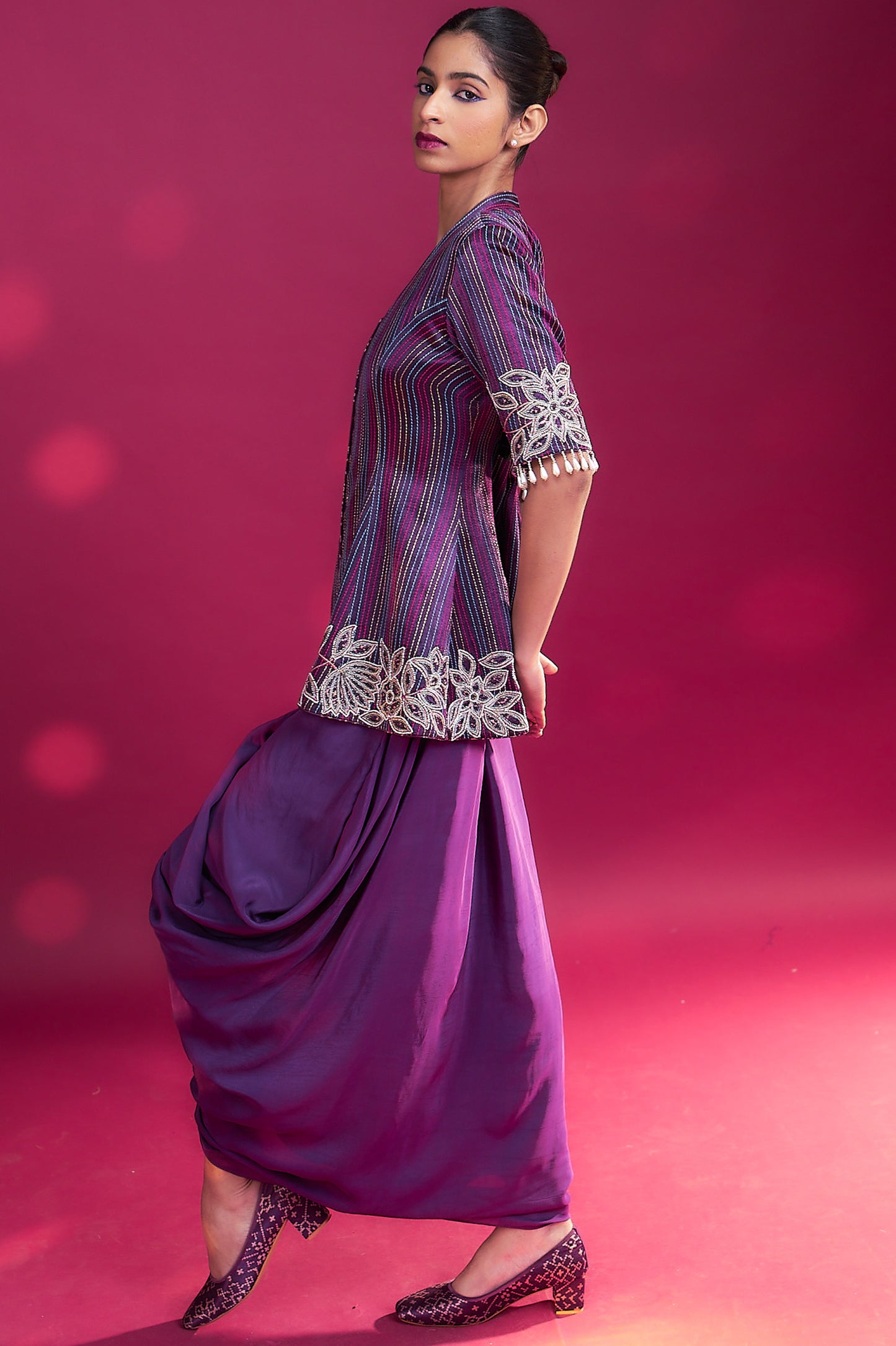 Dark purple ajrakh patchworked peplum jacket with drape dhoti skirt