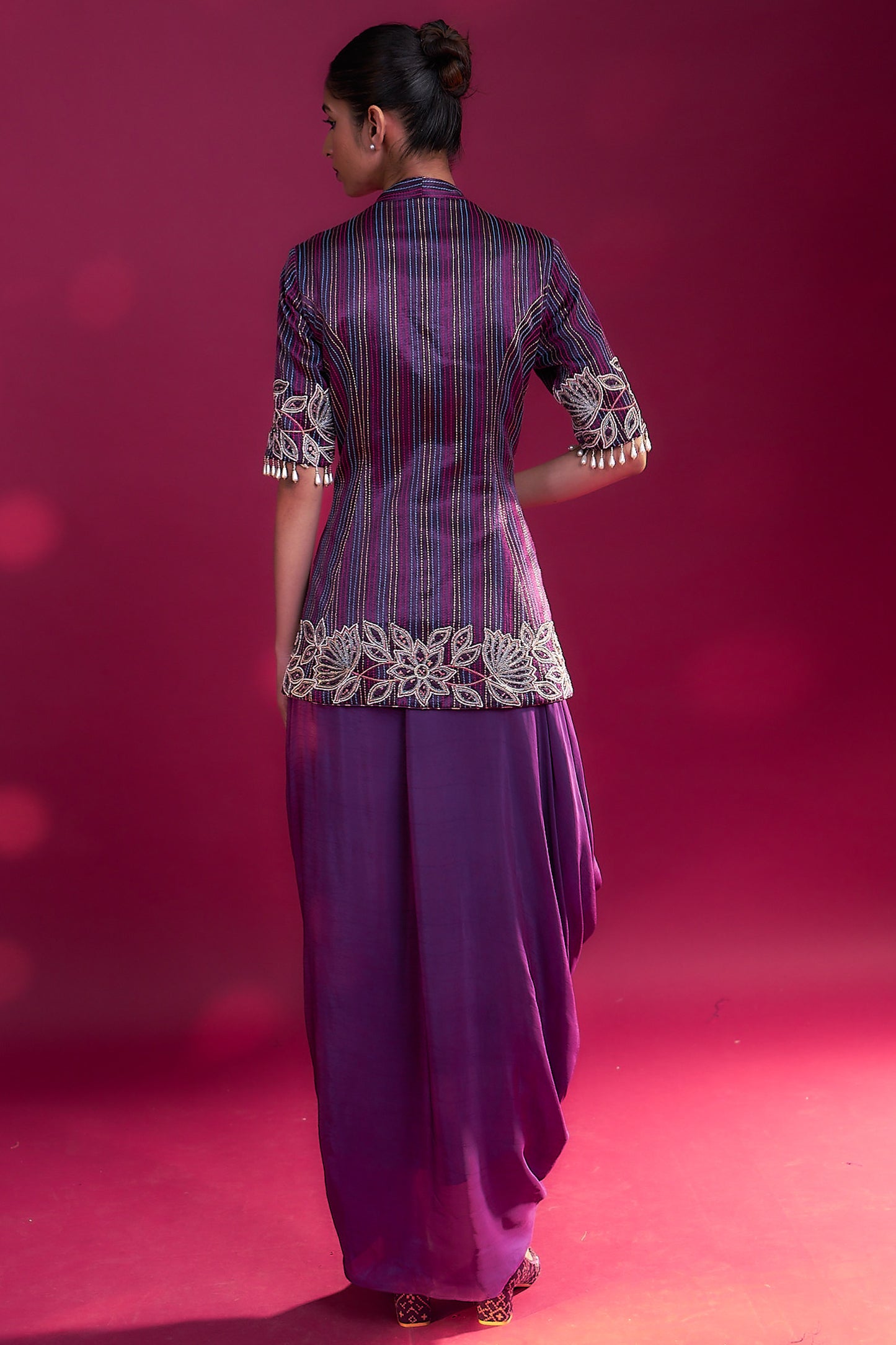 Dark purple ajrakh patchworked peplum jacket with drape dhoti skirt