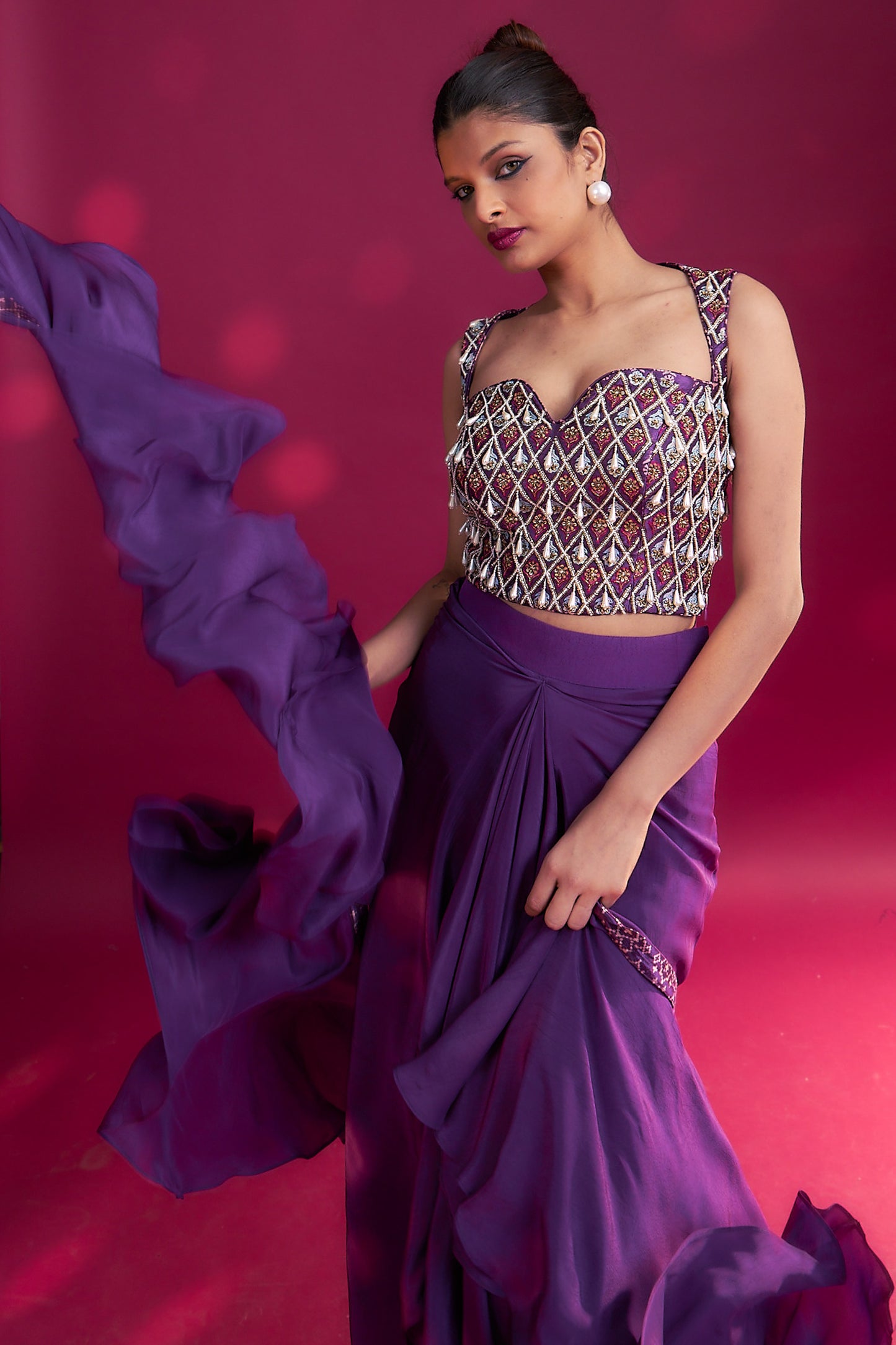 Dark purple ajrakh embellished blouse with drape skirt and ruffled dupatta