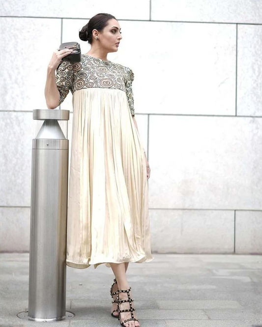 Divya Chawla in Beige Ajrakh Embellished Gathered Dress