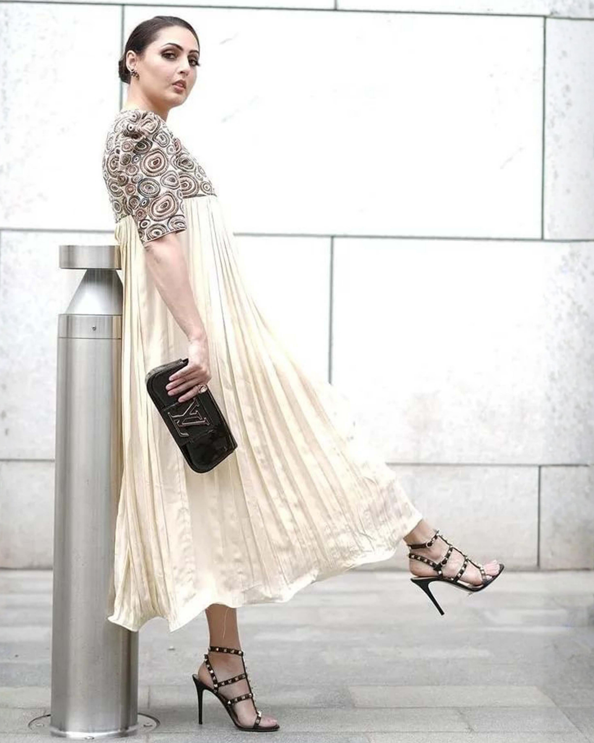 Divya Chawla in Beige Ajrakh Embellished Gathered Dress