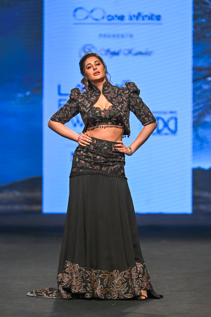 Black Embellished Jacket Fish-cut Lehenga Set