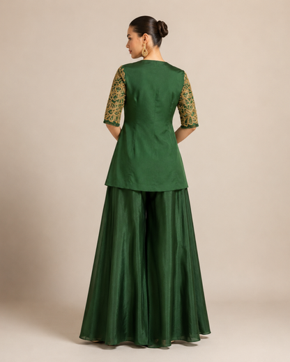 Emerald Green Embroidered Peplum Top with Layered Palazzo Set
