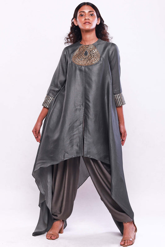 Dark grey asymmetric kurta and dhoti pants set