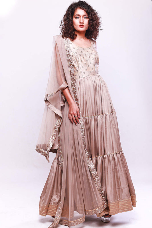 Pink sand layered anarkali with dupatta