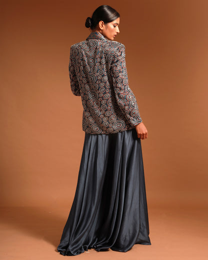 Blue Ajrak jacket with blouse  And Fluid Pant Set