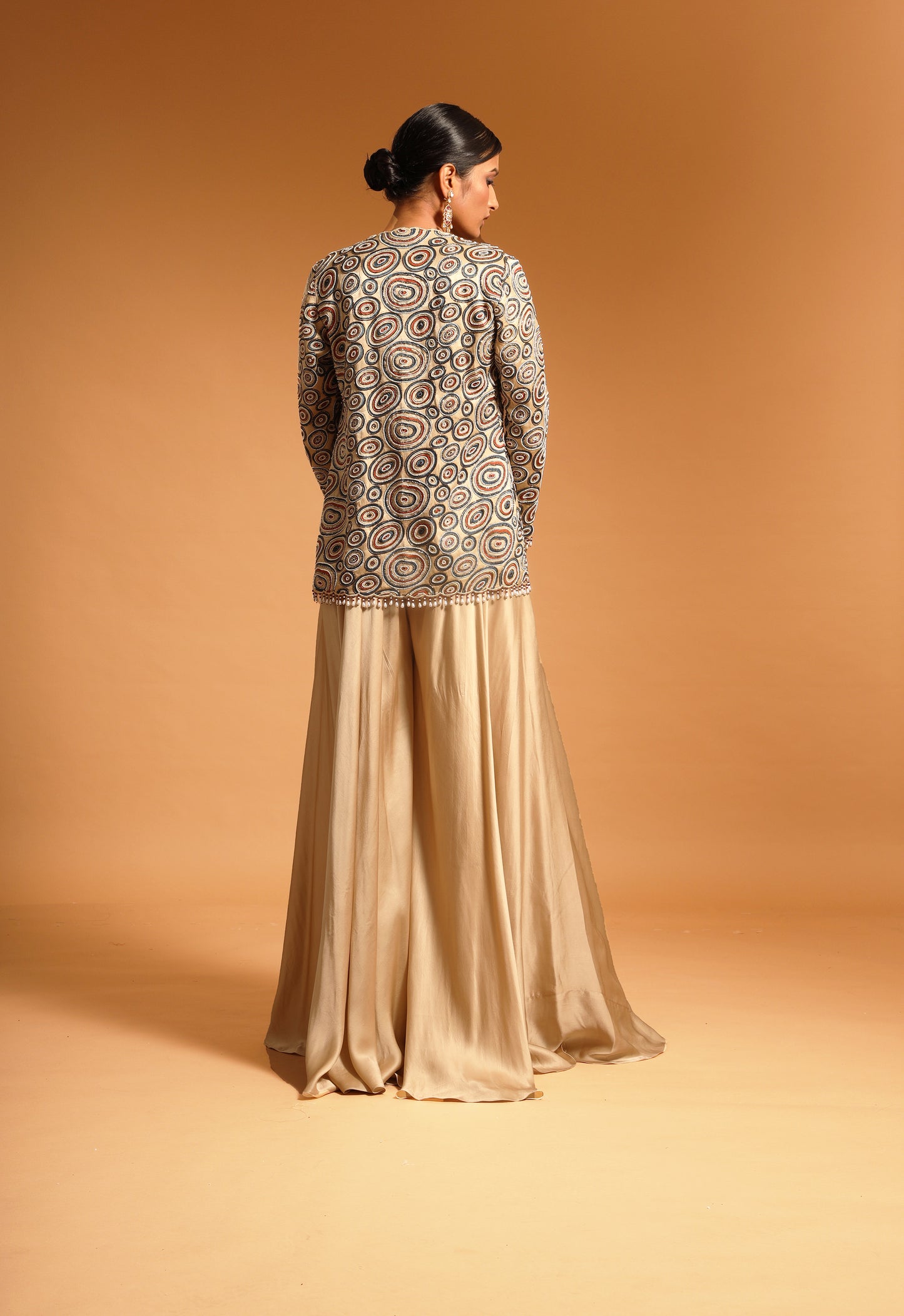 Beige Embellished Jacket And Flared Pant Set