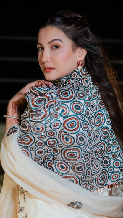Gauahar Khan in Ivory Embroidered Ajrakh Short Jacket with Patchworked Kurta and Sharara