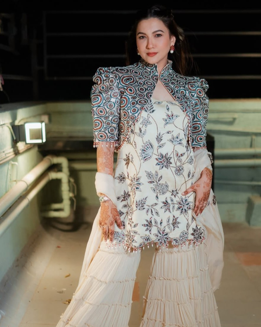 Gauahar Khan in Ivory Embroidered Ajrakh Short Jacket with Patchworked Kurta and Sharara