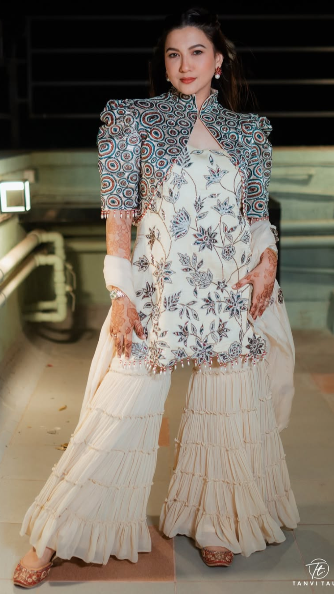 Gauahar Khan in Ivory Embroidered Ajrakh Short Jacket with Patchworked Kurta and Sharara