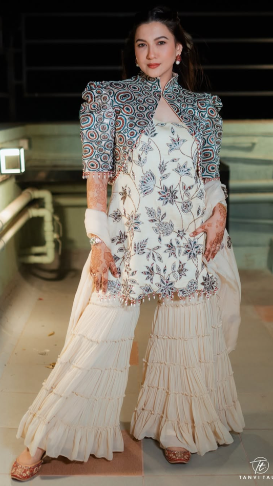 Gauahar Khan in Ivory Embroidered Ajrakh Short Jacket with Patchworked Kurta and Sharara