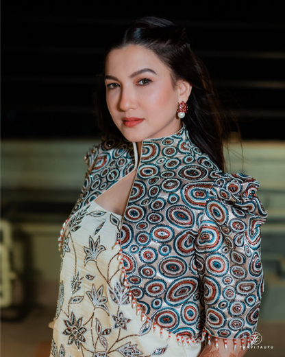 Gauahar Khan in Ivory Embroidered Ajrakh Short Jacket with Patchworked Kurta and Sharara