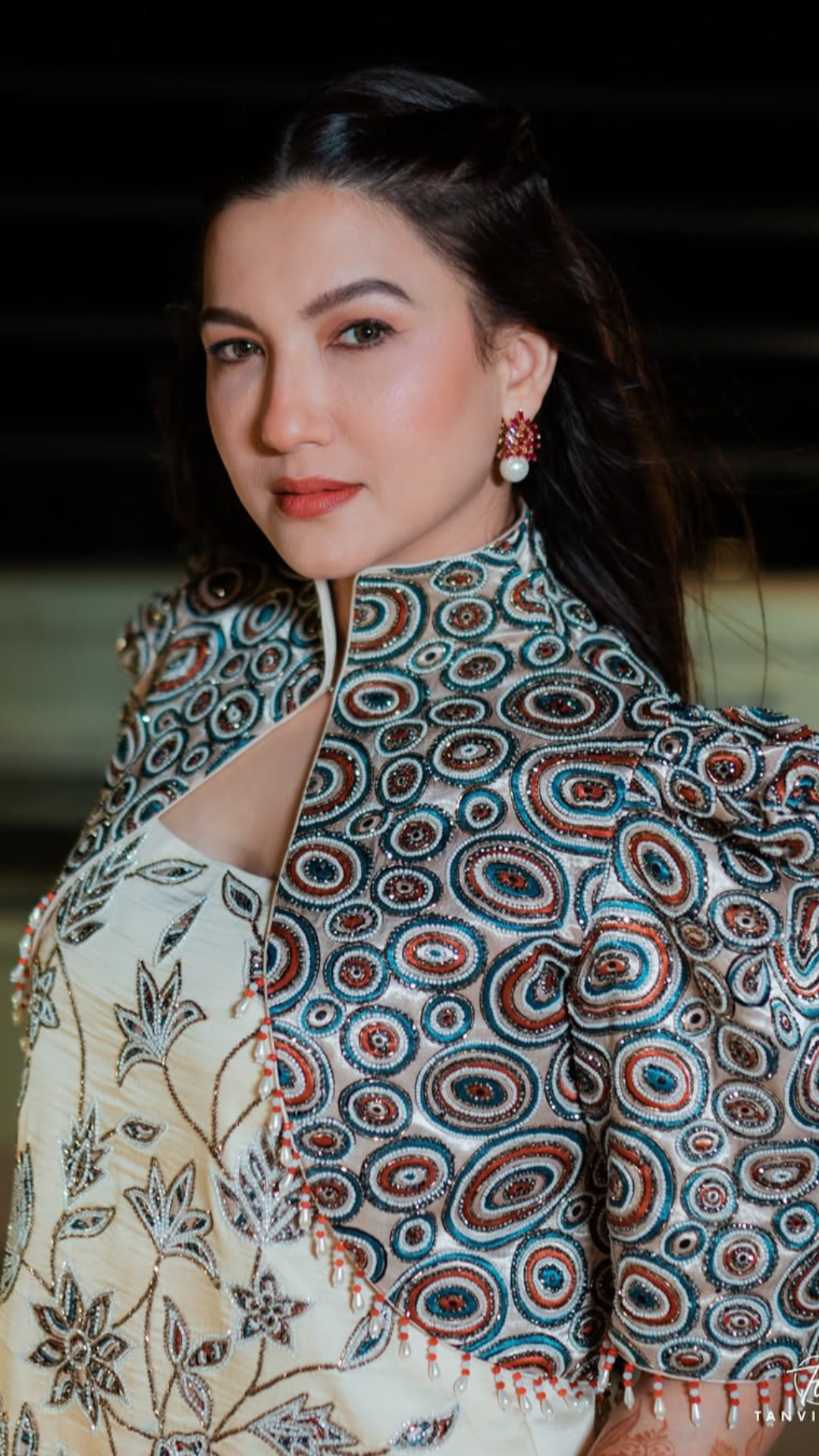 Gauahar Khan in Ivory Embroidered Ajrakh Short Jacket with Patchworked Kurta and Sharara