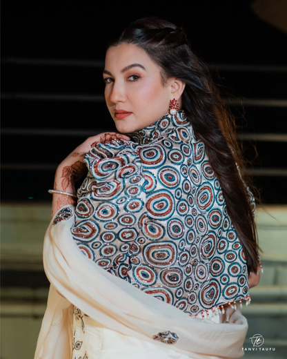Gauahar Khan in Ivory Embroidered Ajrakh Short Jacket with Patchworked Kurta and Sharara