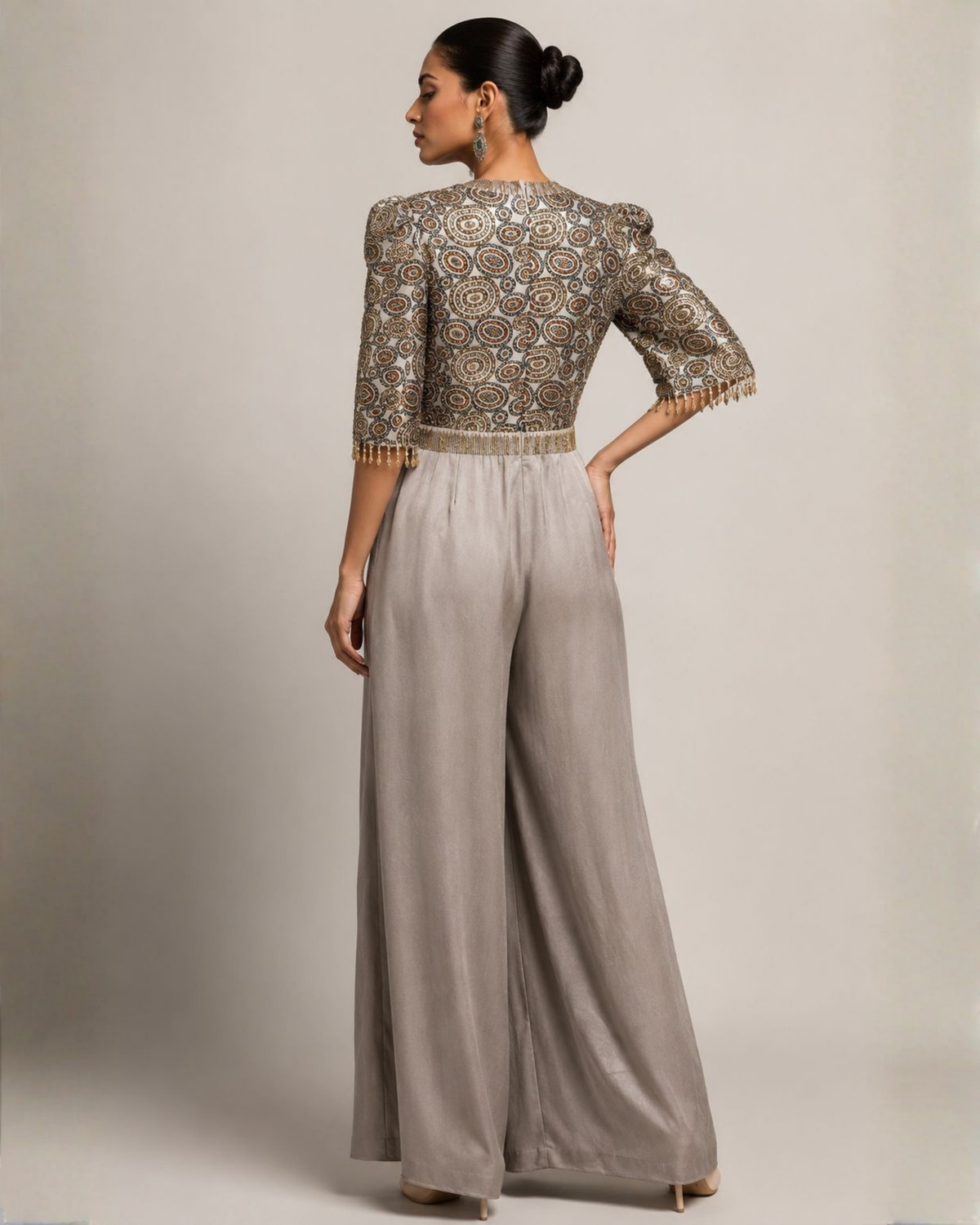 Grey Printed Bodice Pleated Palazzo Jumpsuit