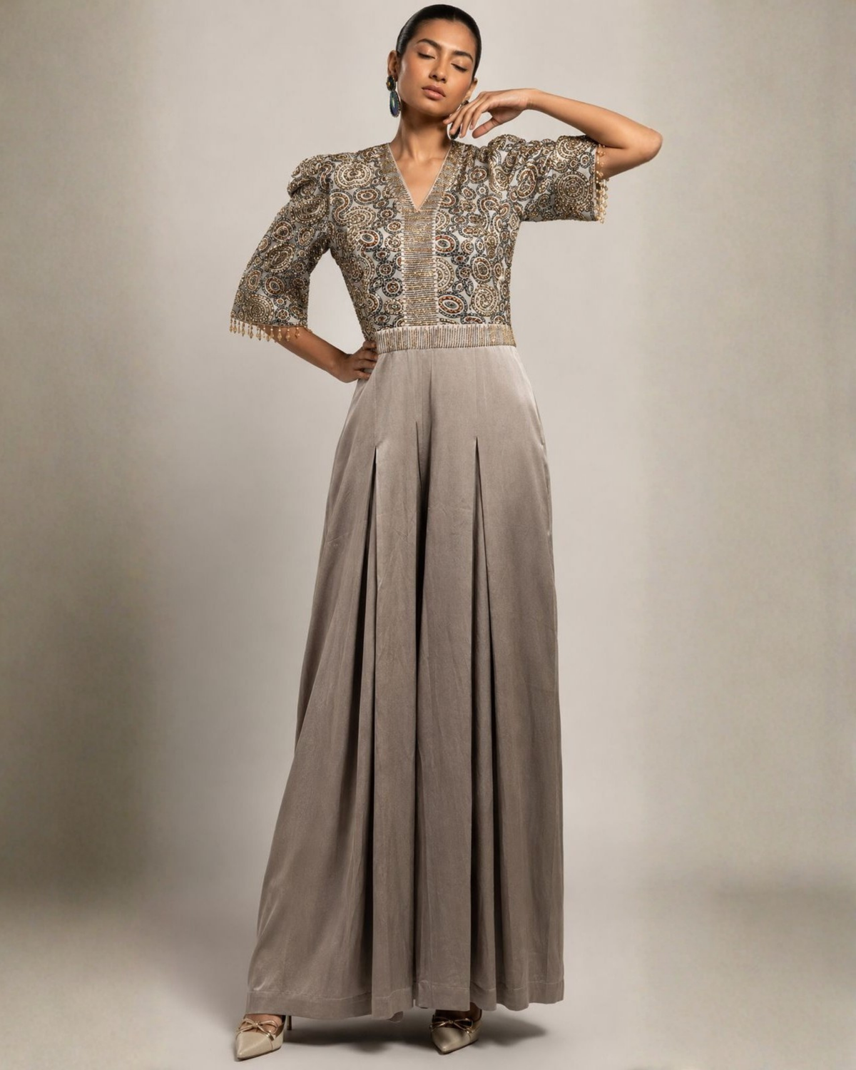 Grey Printed Bodice Pleated Palazzo Jumpsuit