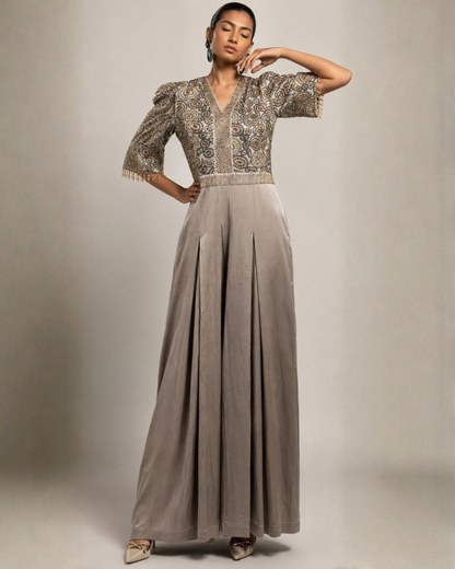 Grey Printed Bodice Pleated Palazzo Jumpsuit