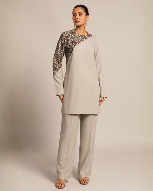 Grey Printed Yoke Co-Ord Set