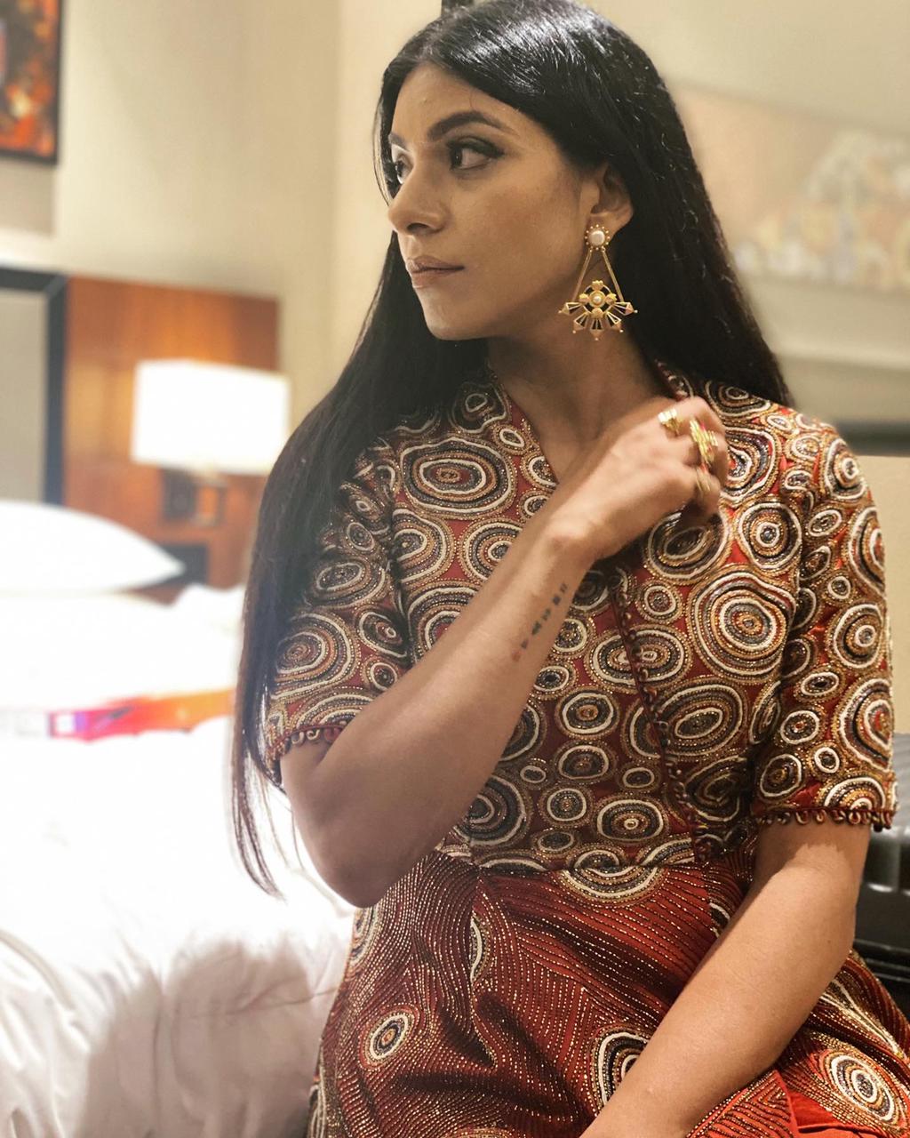 Himani Kapoor in Red Ajrakh drape dress