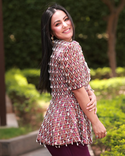 Hina Khan in Purple Ajrakh Peplum Top with Sharara