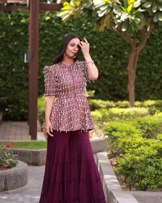 Hina Khan in Purple Ajrakh Peplum Top with Sharara
