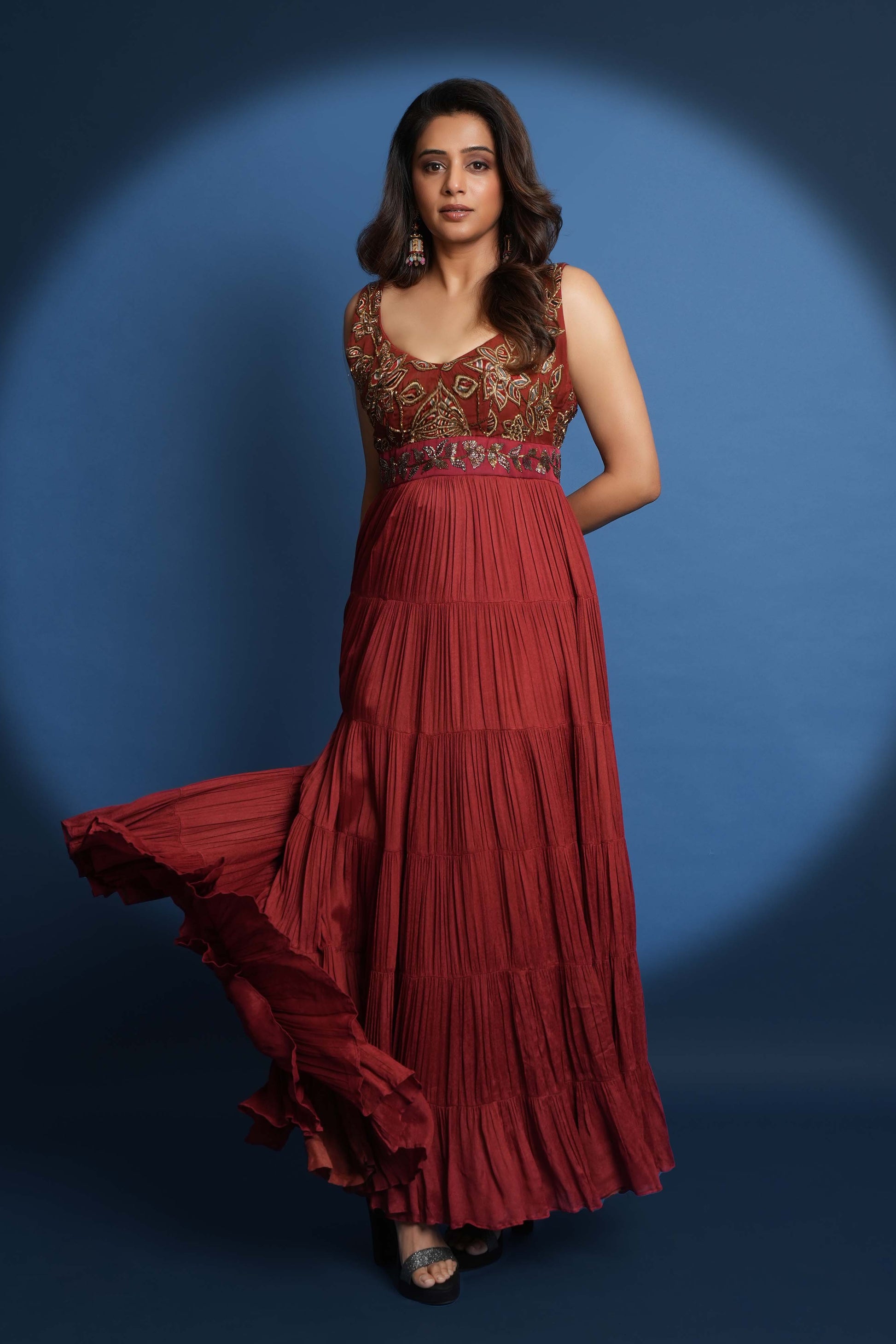 Priya Raj Mani in Maroon ajrakh embroidered gathered gown Sejal Kamdar Designs Priya Raj Mani in Maroon ajrakh embroidered gathered gown Sejal Kamdar Designs