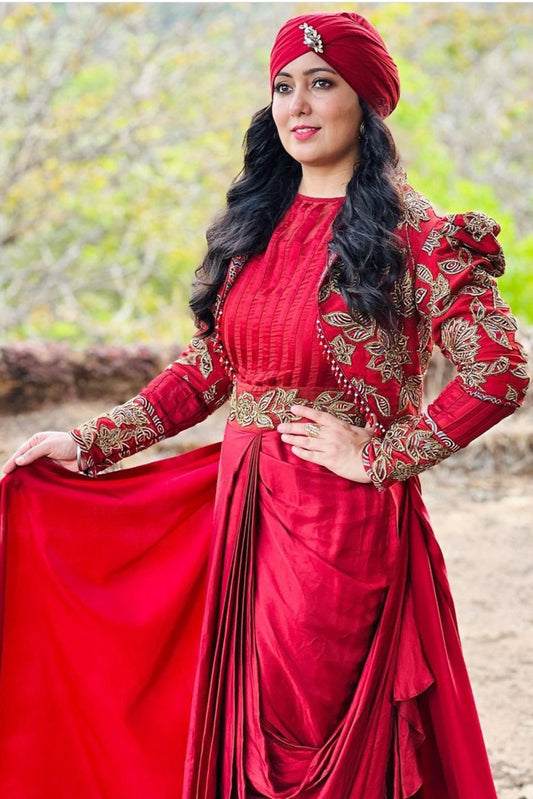Harshdeep Kaur in Maroon Embroidered Short Jacket and Draped Gown Set