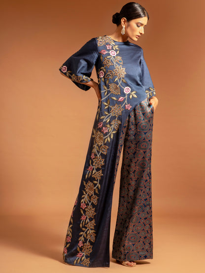 Cobalt blue one flap Ajrakh jumpsuit