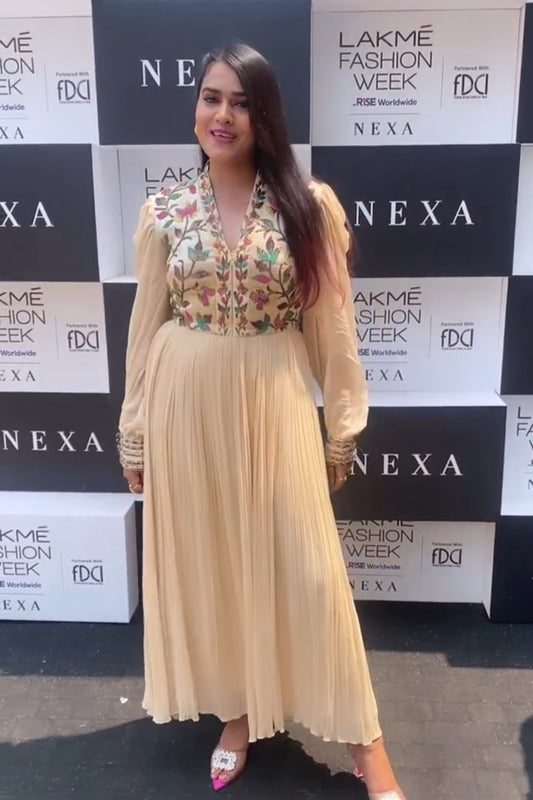 Treasure Muse Nidhi Agarwal in Beige Embroidered Balloon Sleeve Dress