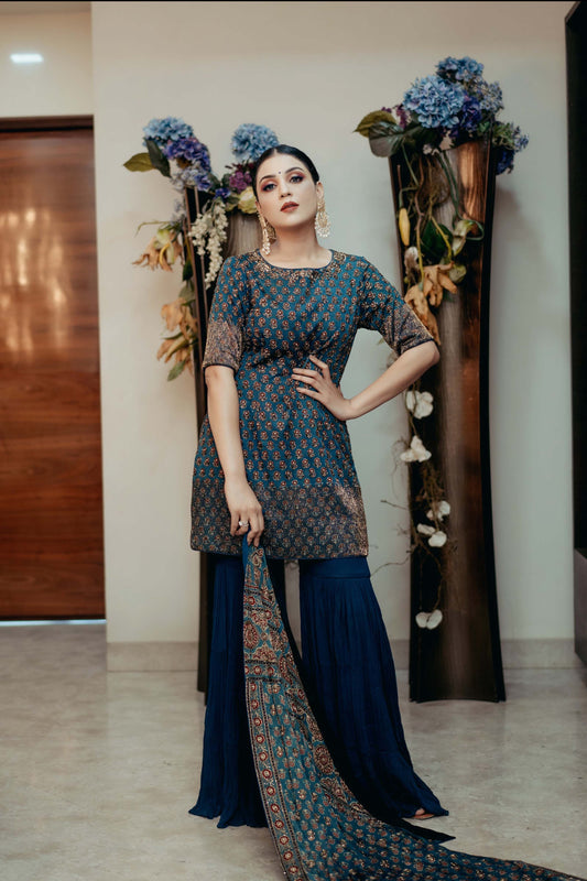 Sugandha Kedia in Blue Ajrakh kurta sharara set