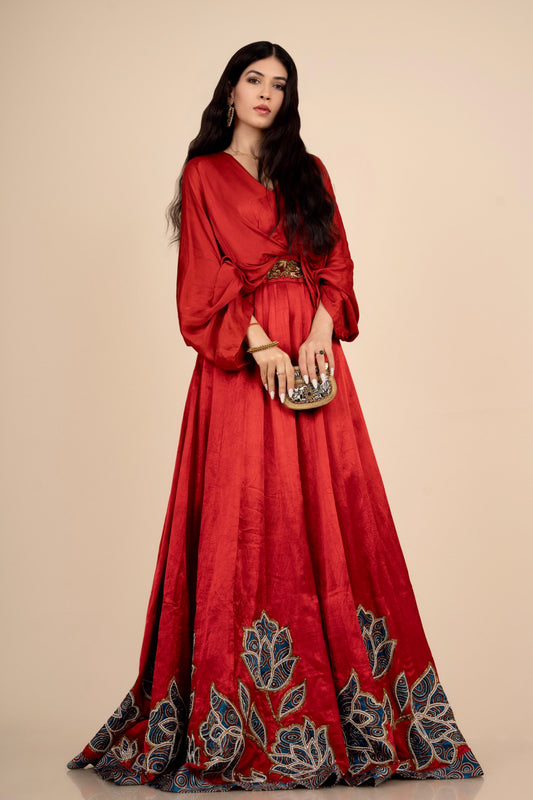 Baandgee Kalra in Red Poncho sleeve patchworked Gown with Belt