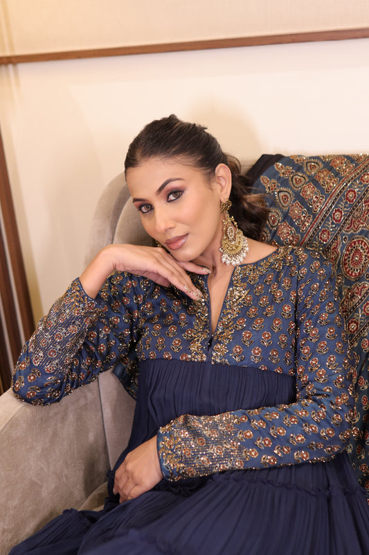 Blue ajrakh gathered dress with ajrakh dupatta
