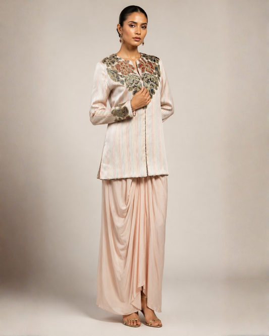 Ivory Embroidered Jacket with Draped Skirt Co-ord Set
