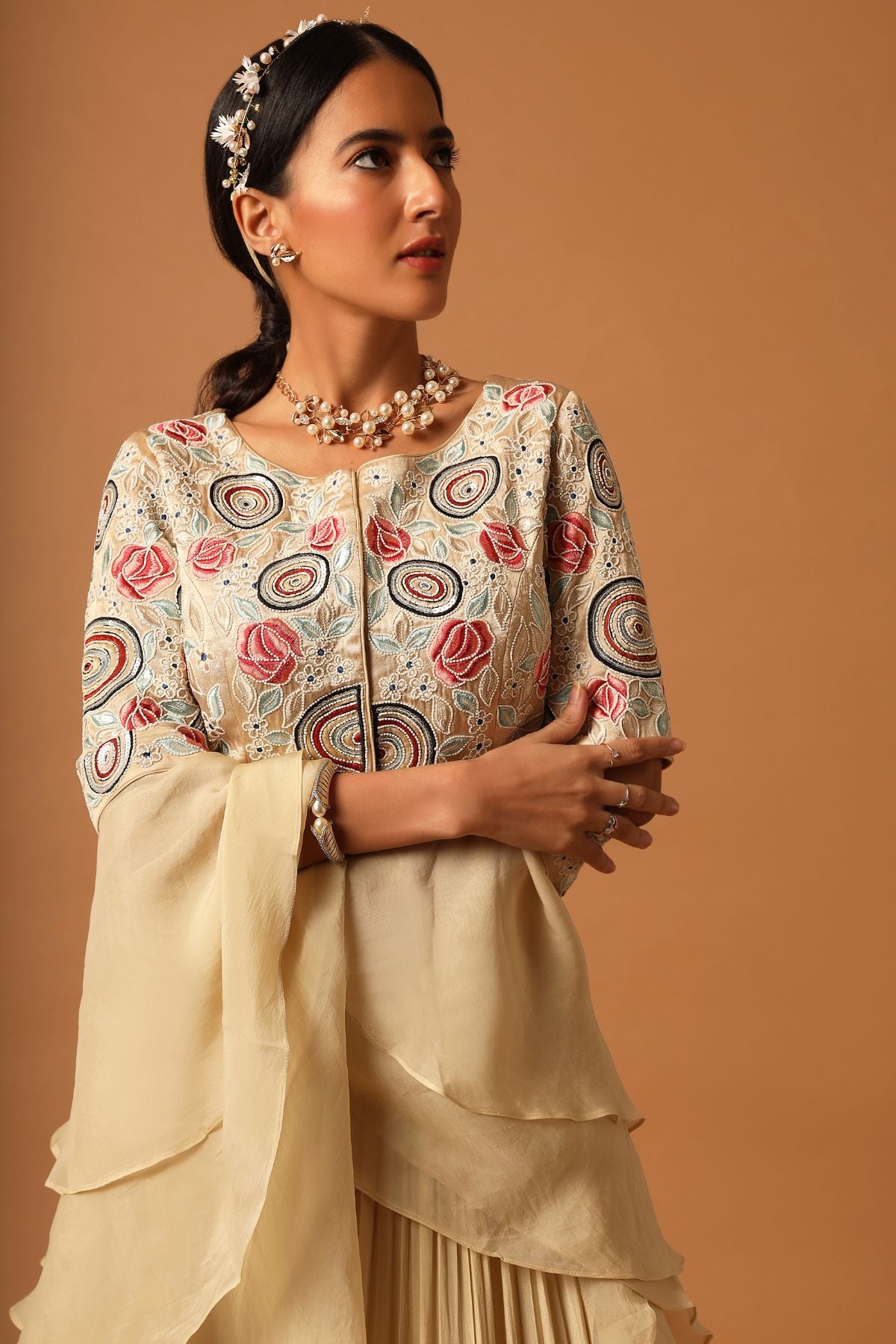 "Elegant Fully Handcrafted Blouse with Gathered Lehenga, beautifully paired up with a Double-Layered Organza Dupatta for a timeless and graceful look."