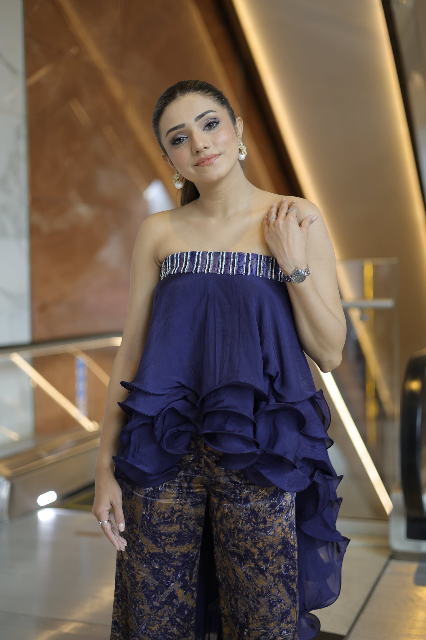 Geetika Verma in Deep blue embroidered ruffle top with Ajrakh pants