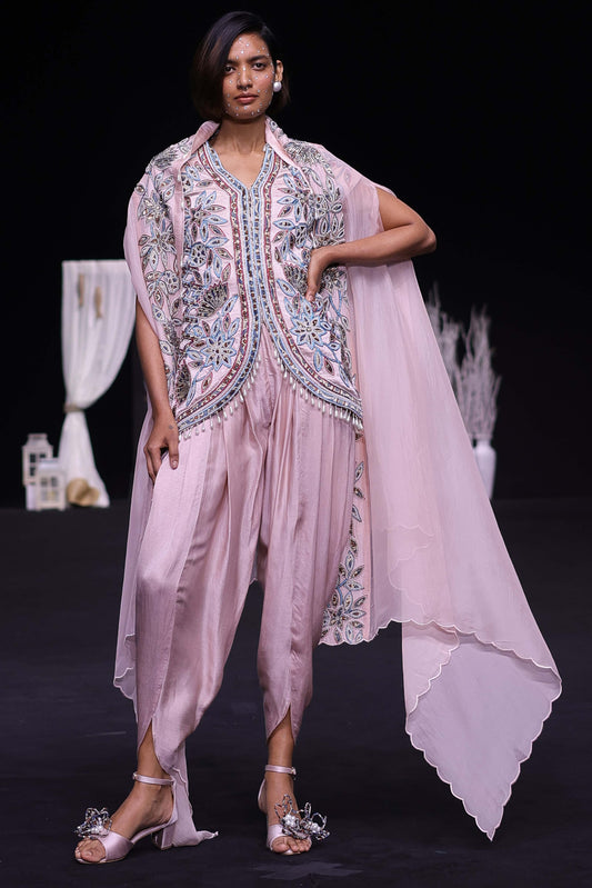 Peachy Pink ajrakh embellished jacket with cape dupatta and dhoti