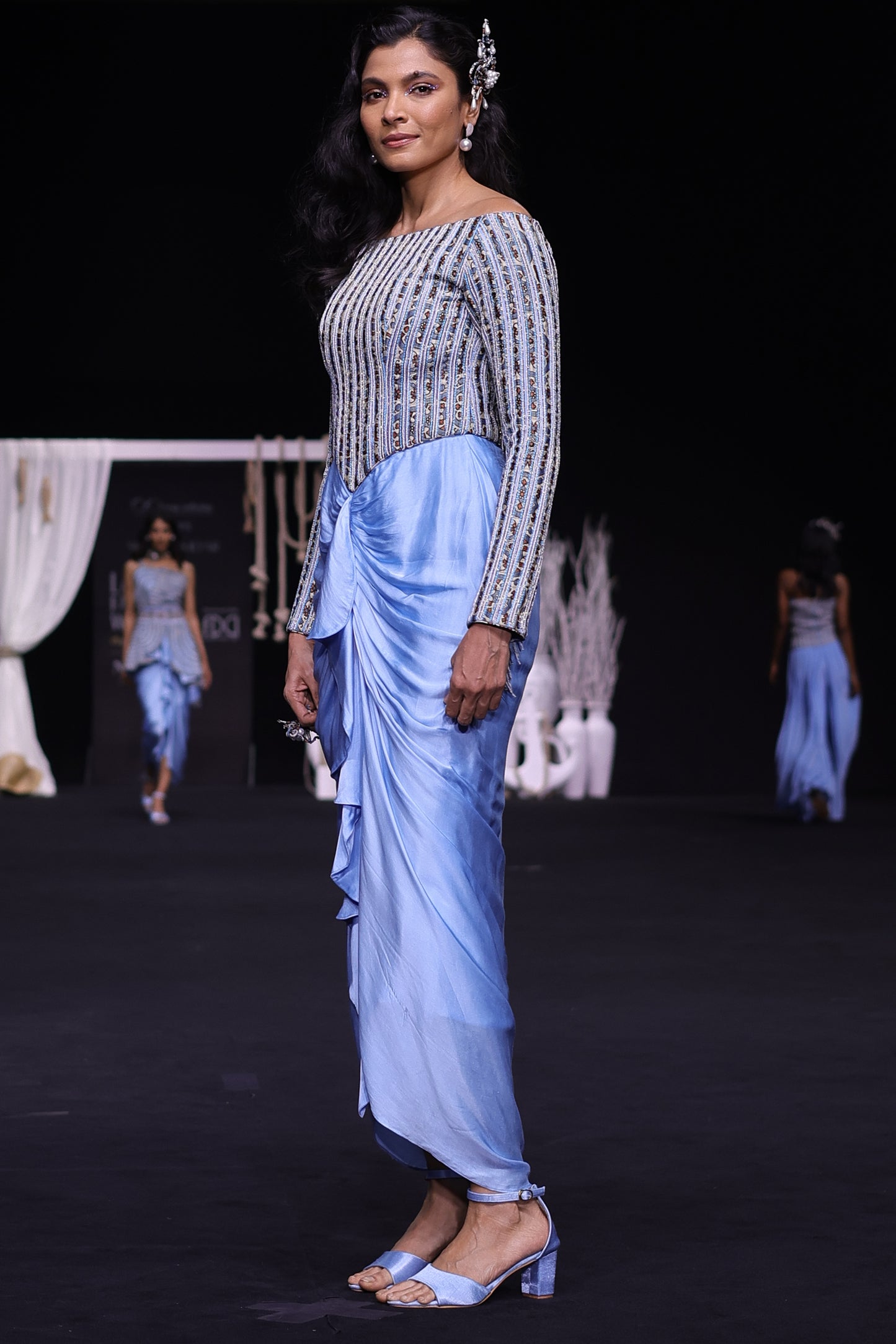 Powder blue embellished stripwork off shoulder drape dress
