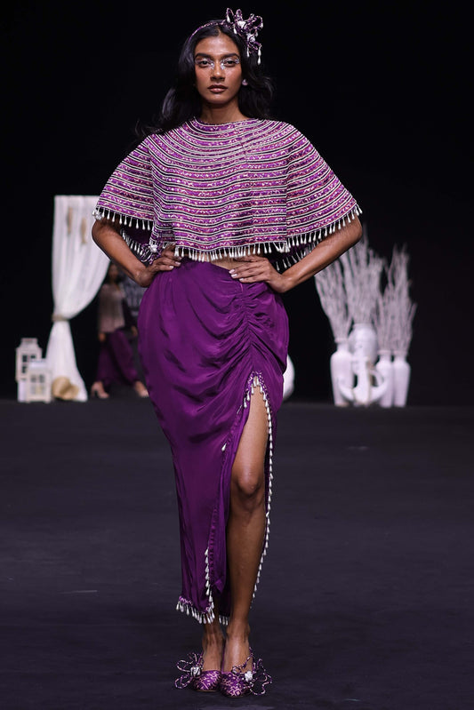 Dark purple Ajrakh stripwork capelet with purple bralette and drape skirt
