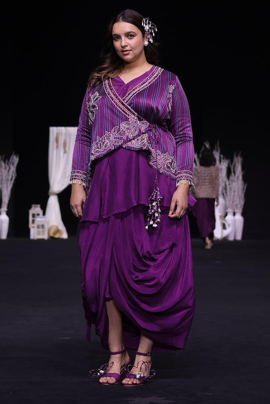 Dark Purple fully patchedworked angarkha  jacket with drape dhoti skirt