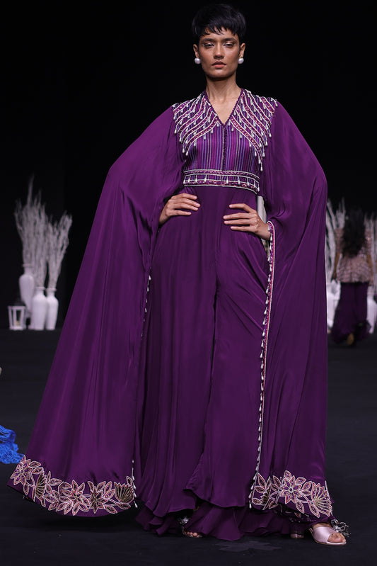 Purple heavily embellished jumpsuit wiwth embroidered cape sleeves