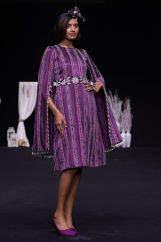 Dark purple heavily stripworked dress with cape sleeves