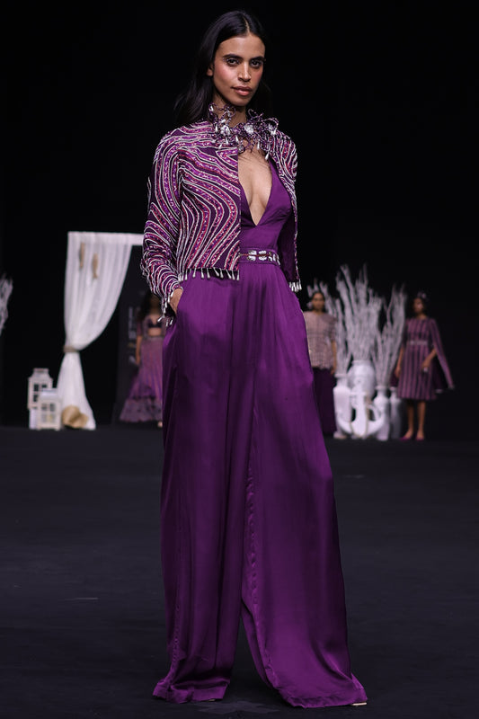 Dark purple deep V neck jumpsuit with Ajrakh ebellsihed jacket