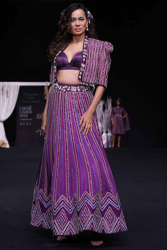 Dark purple Fully embellished Ajrakh lehenga and jacket with bralette