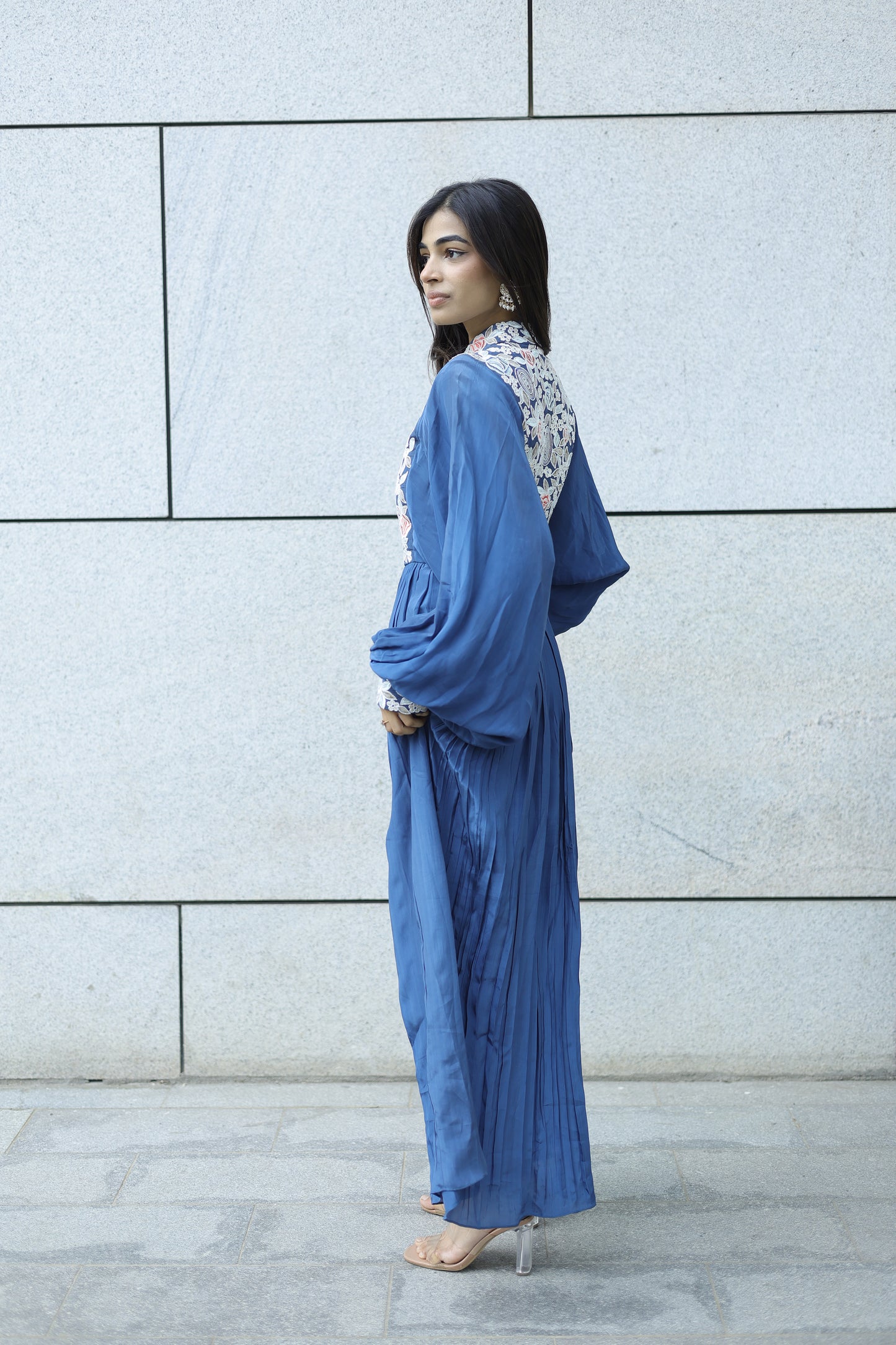 Yashita Chandrashekhar in Blue embroidered butterfly sleeve gathered dress.
