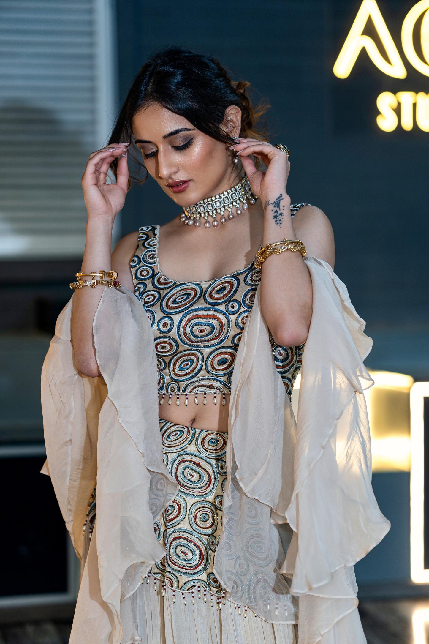 Uditi Singh Ivory Ajrakh Tiered Lehenga Set