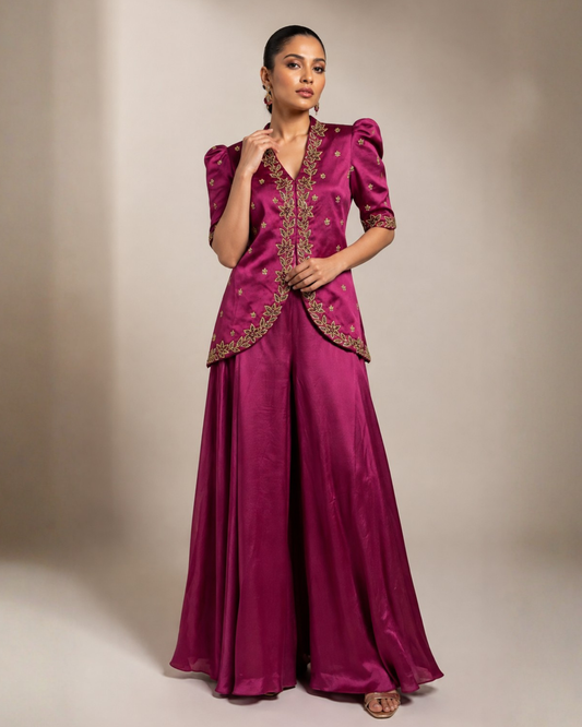 Magenta Embroidered Peplum Co-Ord Set