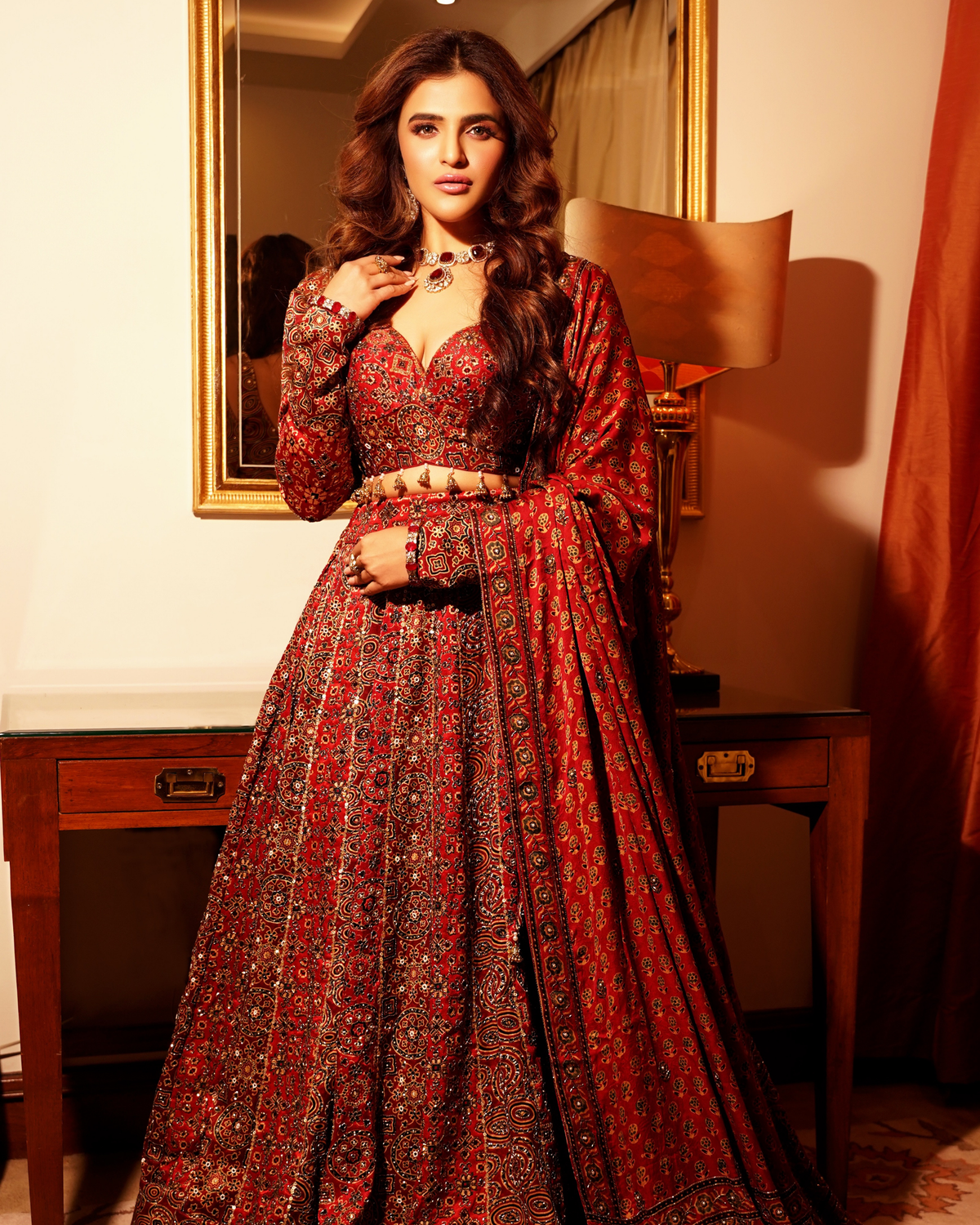 Manasi Pawar in Red Ajrakh Embroidered Lehenga Set