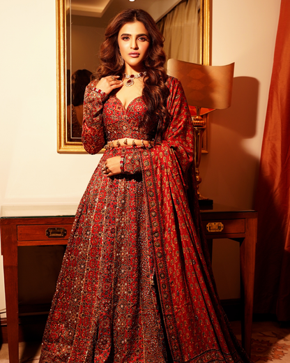 Manasi Pawar in Red Ajrakh Embroidered Lehenga Set